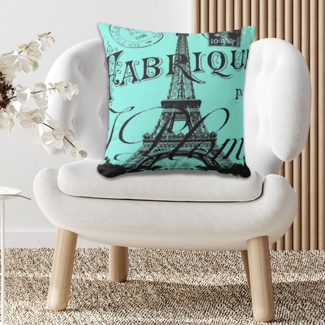 Turkos aqua teal scripts Paris Eiffel Torn Kudde (turquoise aqua teal scripts Paris Eiffel Tower Outdoor Pillow)