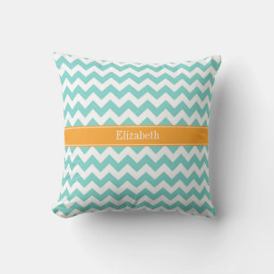 Turkos / Aqua Vit Chevron Cantaloupe Namn Monogram Kudde