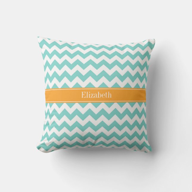 Turkos / Aqua Vit Chevron Cantaloupe Namn Monogram Kudde (Framsida)