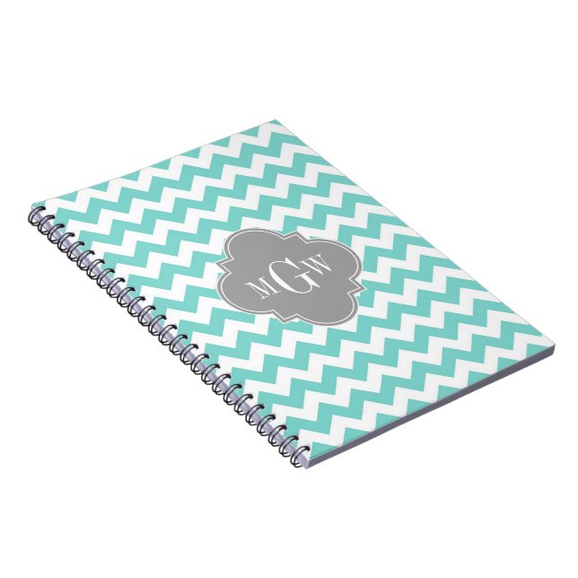 Turkos / Aqua Vit Chevron Grå 3 Initialer Monogram Anteckningsbok Med Spiral (Högra Sidan)