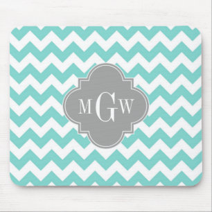 Turkos / Aqua Vit Chevron Grå 3 Initialer Monogram Musmatta