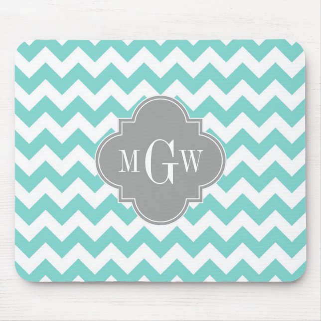 Turkos / Aqua Vit Chevron Grå 3 Initialer Monogram Musmatta (Framsidan)
