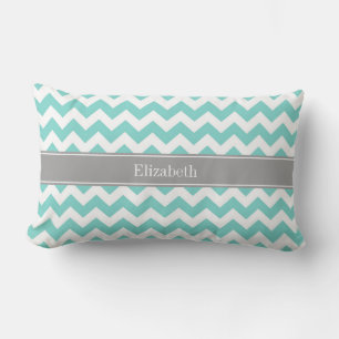 Turkos / Aqua Vit Chevron Grå Namn Monogram Lumbarkudde