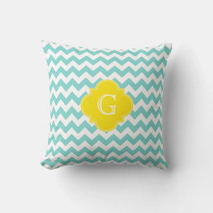 Turkos / Aqua Vit Chevron Gul Quatrefoil Monogramm Kudde