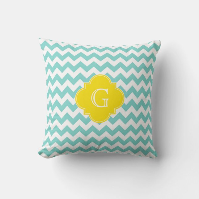 Turkos / Aqua Vit Chevron Gul Quatrefoil Monogramm Kudde (Framsida)