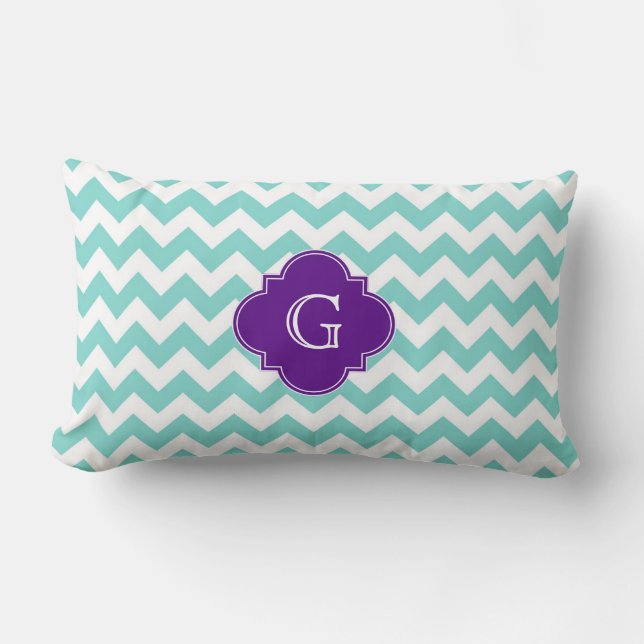 Turkos / Aqua Vit Chevron Lila Fyrklöver Monogramm Lumbarkudde (Framsida)