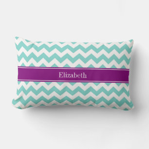 Turkos / Aqua Vit Chevron Lila Namn Monogram Lumbarkudde