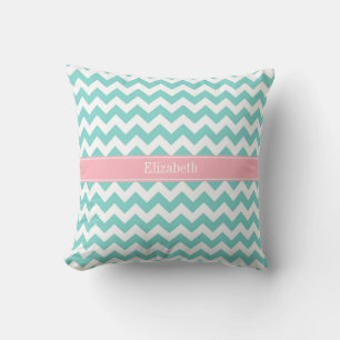 Turkos / Aqua Vit Chevron Rosa Namn Monogram Kudde