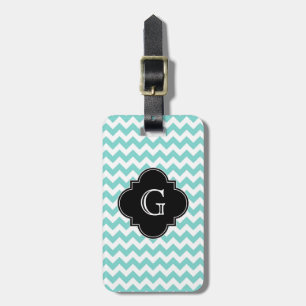 Turkos / Aqua Vit Chevron Svart Quatrefoil Monogra Bagagebricka