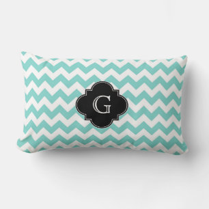Turkos / Aqua Vit Chevron Svart Quatrefoil Monogra Lumbarkudde