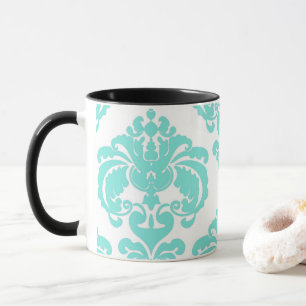 Turkos Aqua & Vit Elegant Chic Damask Mönster Mugg