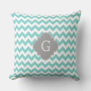Turkos / Aqua Vit Grå Chevron Fyrklöver Monogram Kudde