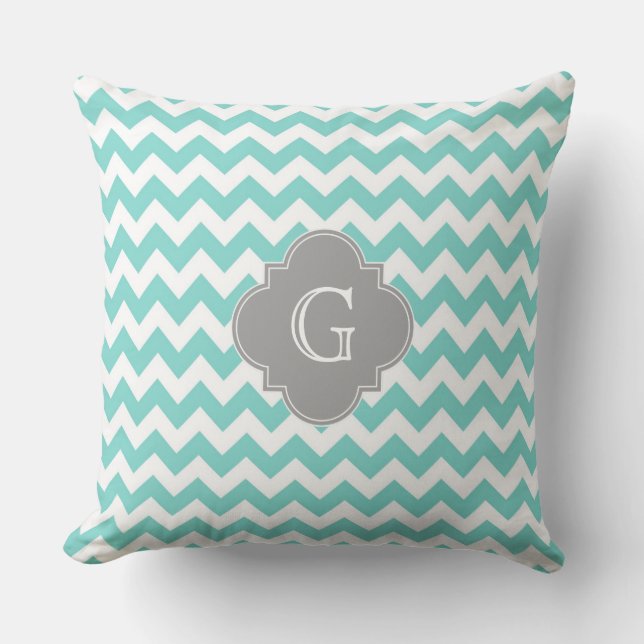 Turkos / Aqua Vit Grå Chevron Fyrklöver Monogram Kudde (Framsida)
