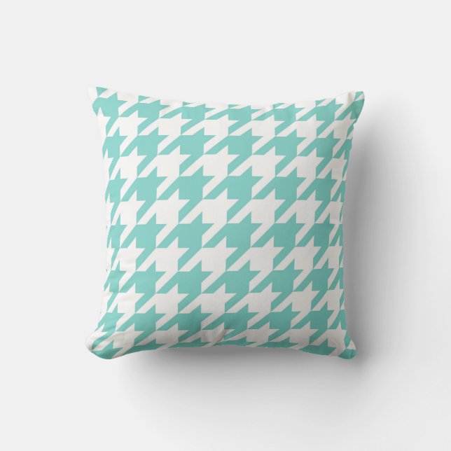 Turkos/Aqua, White Large Houndstooth Mönster Kudde (Framsida)