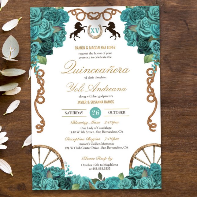 Turkos Aquamarine Western Charra Quinceañera Inbjudningar (Skapare uppladdad)