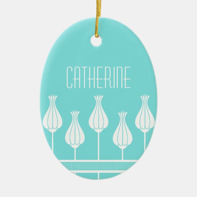 Turkos Art Deco-Blommigt Oval Ornament (Framsidan)