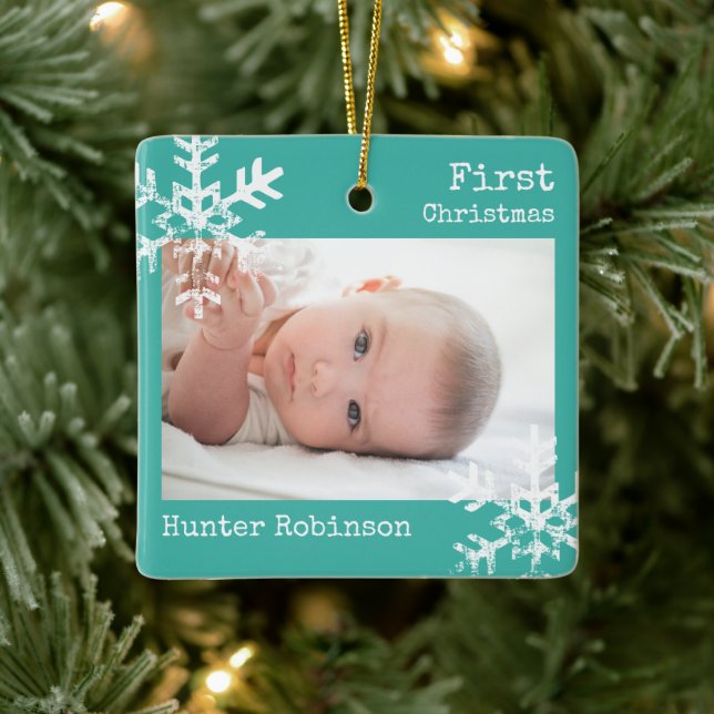 Turkos Bebis Första Jul Foto Julgransprydnad Keramik (Träd)
