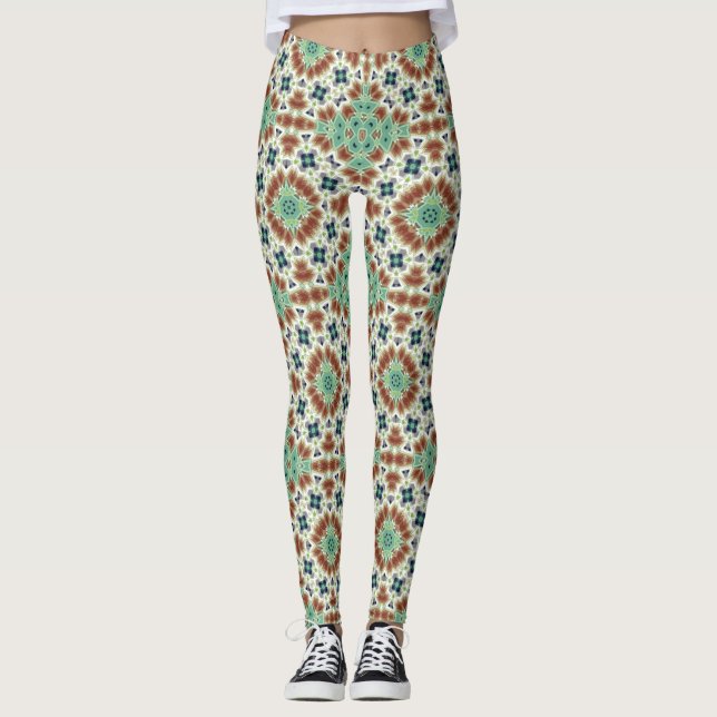Turkos beige färgämne kaleidoskop ornament leggings (Framsida)