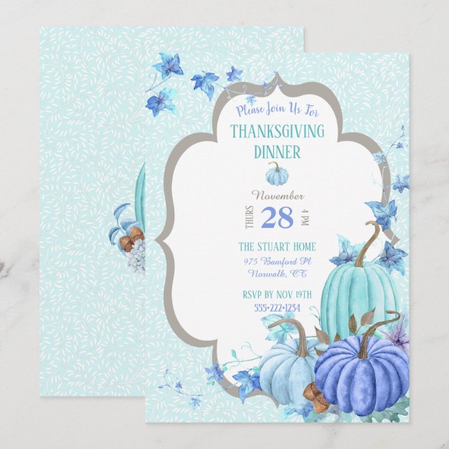 Turkos Blå Aqua Taupe Pumpa Thanksgiving Inbjudningar (Fram/baksida)