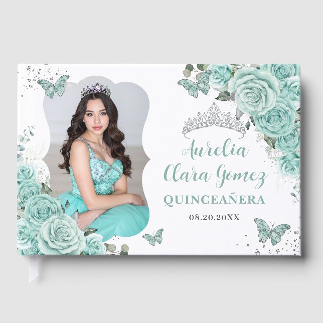 Turkos Blå Blommig Silver Quinceanera 16 Foto Gästböcker (Framsida)