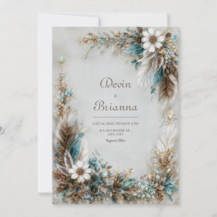 Turkos Blå Brun Fjäder Vit Blommig Bröllop Inbjudningar