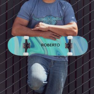 Turkos & Blå Flytande Ränder Skateboard