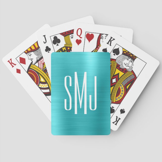 Turkos Blå Folie Trebokstavsmonogram Casinokort (Baksidan)