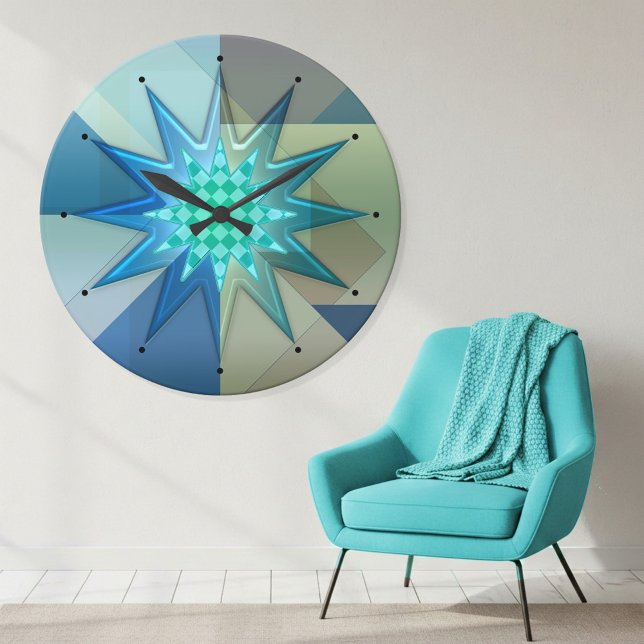 Turkos Blå Geometrisk Harlekin  Rund Klocka (Wall clock showing a playful geometric design in teal and turquoise with a harlequin patterned star)