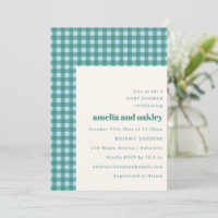 Turkos Blå Gingham Moderna Par Baby Shower
