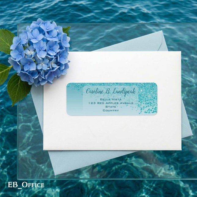 Turkos Blå Glitter Frostad Elegant Returadress Etikett (Teal Blue Glitter Labels: 
2.25” L x 0.75” W
•	30 labels per sheet
•	Sheet: 8.5” L x 11” W
)