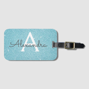 Turkos Blå Glitter Monogramnamn Bagagebricka