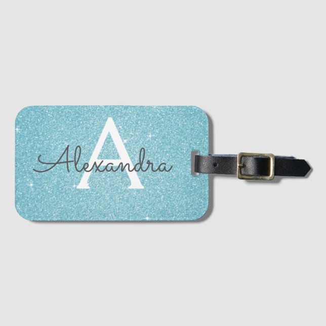 Turkos Blå Glitter Monogramnamn Bagagebricka (Framsida horisontal)