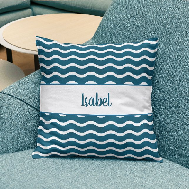 Turkos Blå Gradientvågor Personlig Kust  Kudde (Teal Blue Gradient Nautical Waves Coastal Decor Throw Pillow)