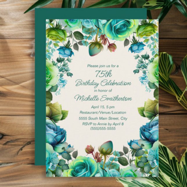 Turkos Blå Grön Akvarell Blommig 75-årsdag Inbjudningar (Lime green, teal, and blue watercolor floral women's 75th birthday party invitation)