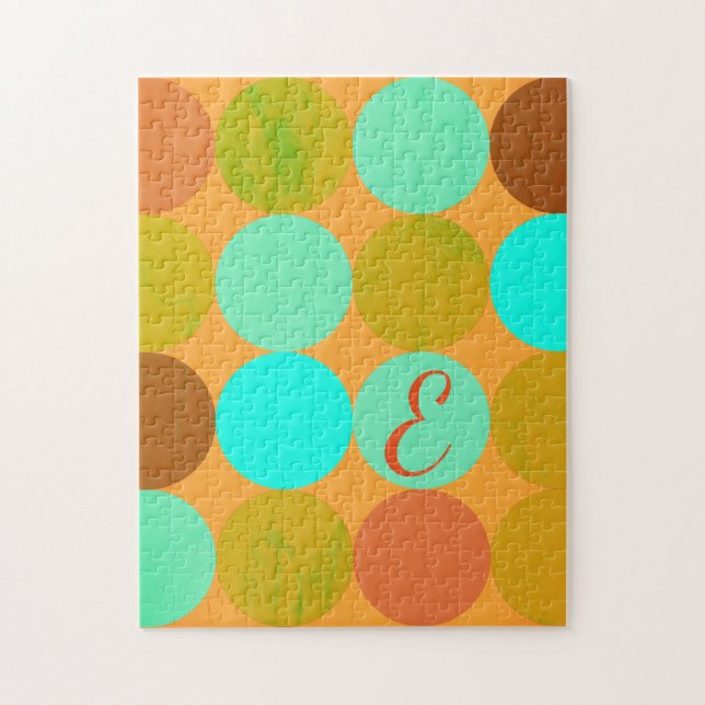 Turkos Blå Grön & Orange Cirklar Monogram Pussel (Vertikal)