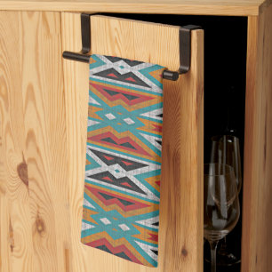 Turkos Blå Grön Röd Terrakotta Tribal Art Mönster Kökshandduk