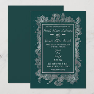 Turkos Blå Grön & Silver Elegant Blommig Bröllop Inbjudningar