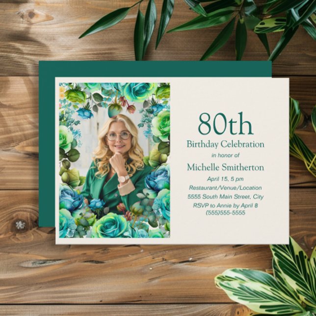Turkos Blå Gröna Blommor 80-års Födelsedagsfoto Inbjudningar (Green and blue watercolor floral 80th birthday party photo card)