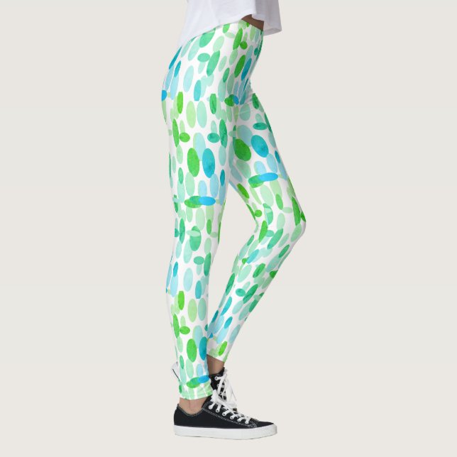 Turkos Blå Gröna Ovala Fläckar Mönster Leggings (Höger)