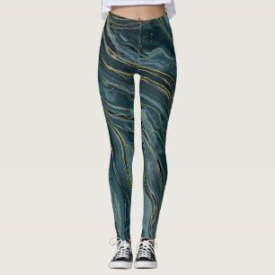 Turkos Blå Guld Abstrakt Akvarellvågor Leggings