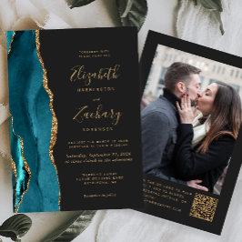 Turkos Blå Guld Agat Mörkt Foto QR-kod Bröllop Inbjudningar