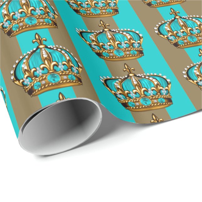 Turkos Blå Guld Prins Krona Presentpapper (Rullad Hörn)