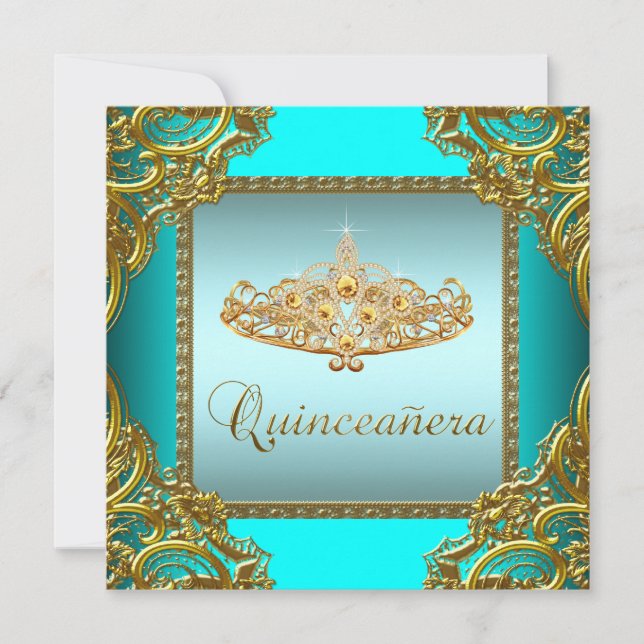 Turkos Blå Guld Tiara Quinceanera Inbjudningar (Framsida)