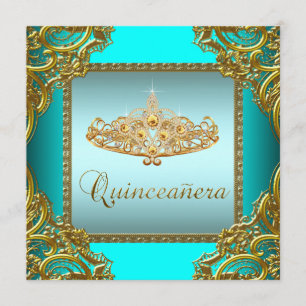 Turkos Blå Guld Tiara Quinceanera Inbjudningar