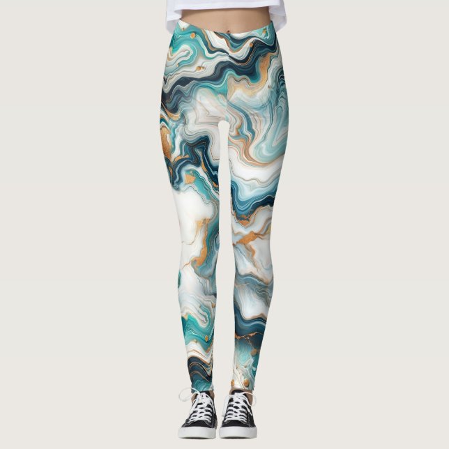 Turkos Blå Guld Vit Modern Marmor Agat Bröllop Leggings (Framsida)