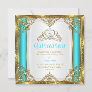 Turkos Blå Guld Vit Pärla Princess Quinceanera Inbjudningar