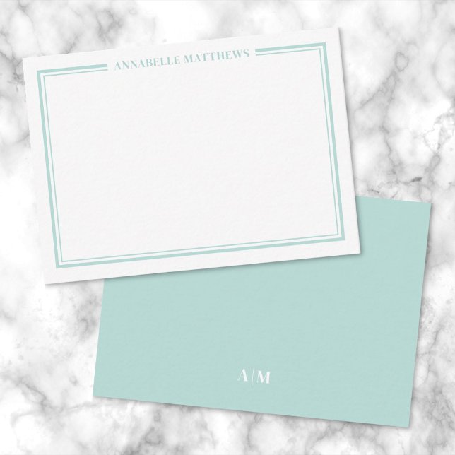 Turkos Blå Kant Minimalistiskt Namnmonogram Anteckningskort (Teal Blue Border Minimalist Name Monogram Note Card )