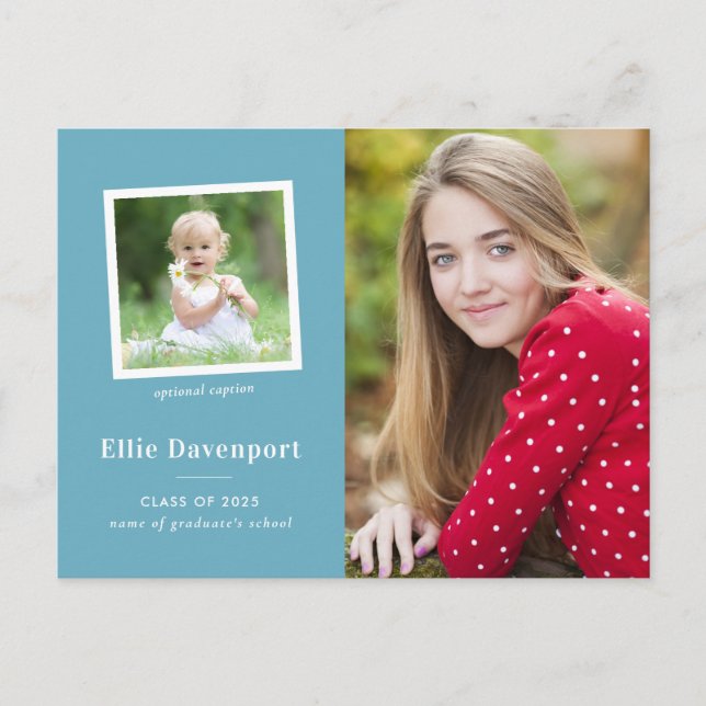 Turkos Blå Klassisk Två Foto Examen Vykort (Framsida)