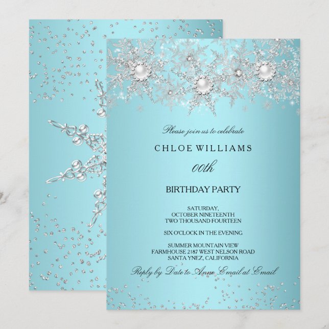 Turkos Blå Kristall Pärl Snöflinga Silver Vinter Inbjudningar (Fram/baksida)