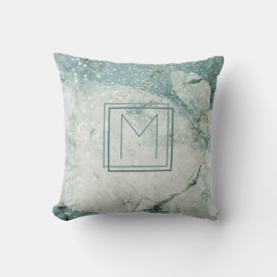 Turkos Blå Marmor Abstrakt Monogram Ram Kudde